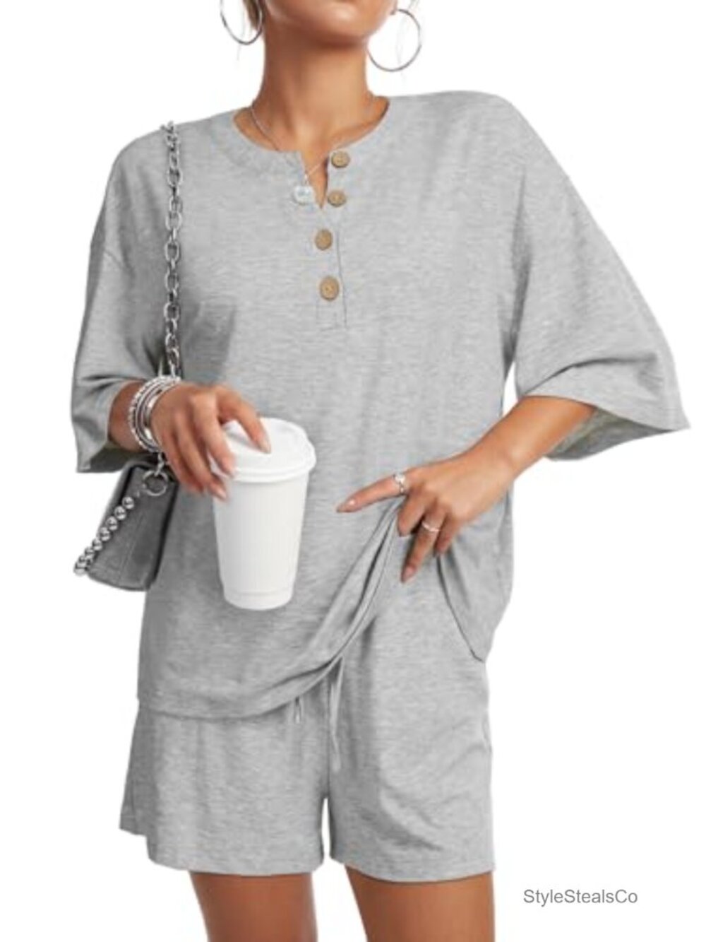 Women's 2 Piece Lounge Set Button Down 3/4 Sleeve Top and Shorts Pajama Set
